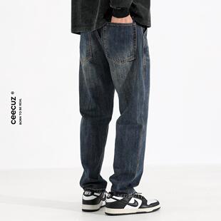 Ceecuz美式复古小直筒牛仔裤男春秋高个子水洗做旧宽松休闲长裤潮