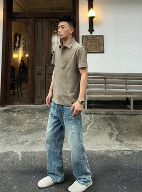 ADGC美式高街水洗蓝色牛仔裤子男春夏季复古做旧纹理直筒休闲裤