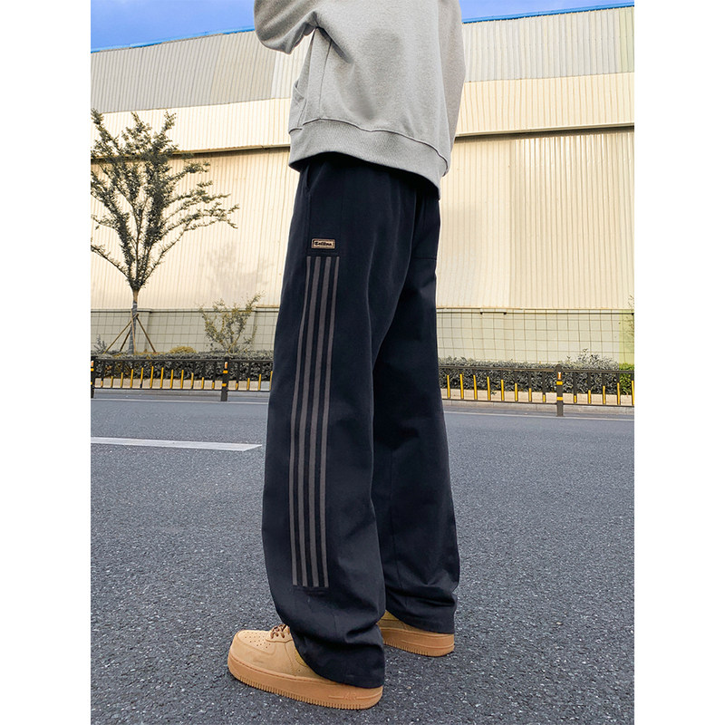 美式vibe高街运动卫裤男春季重磅直筒条纹休闲裤潮牌复古阔腿裤子
