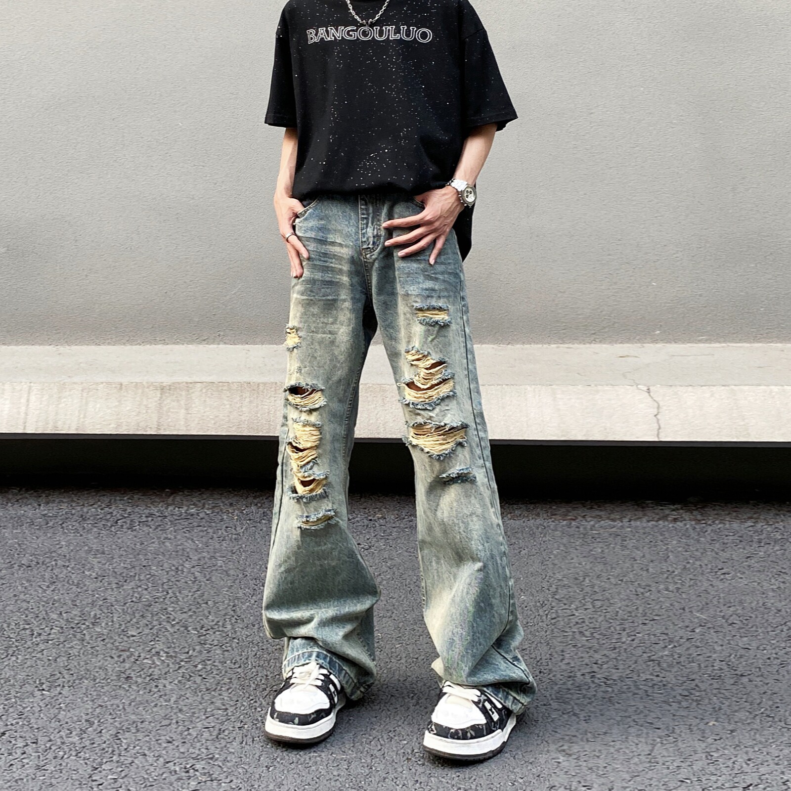 美式高街复古水洗做旧破洞牛仔裤男宽松直筒潮牌微喇叭设计感裤子