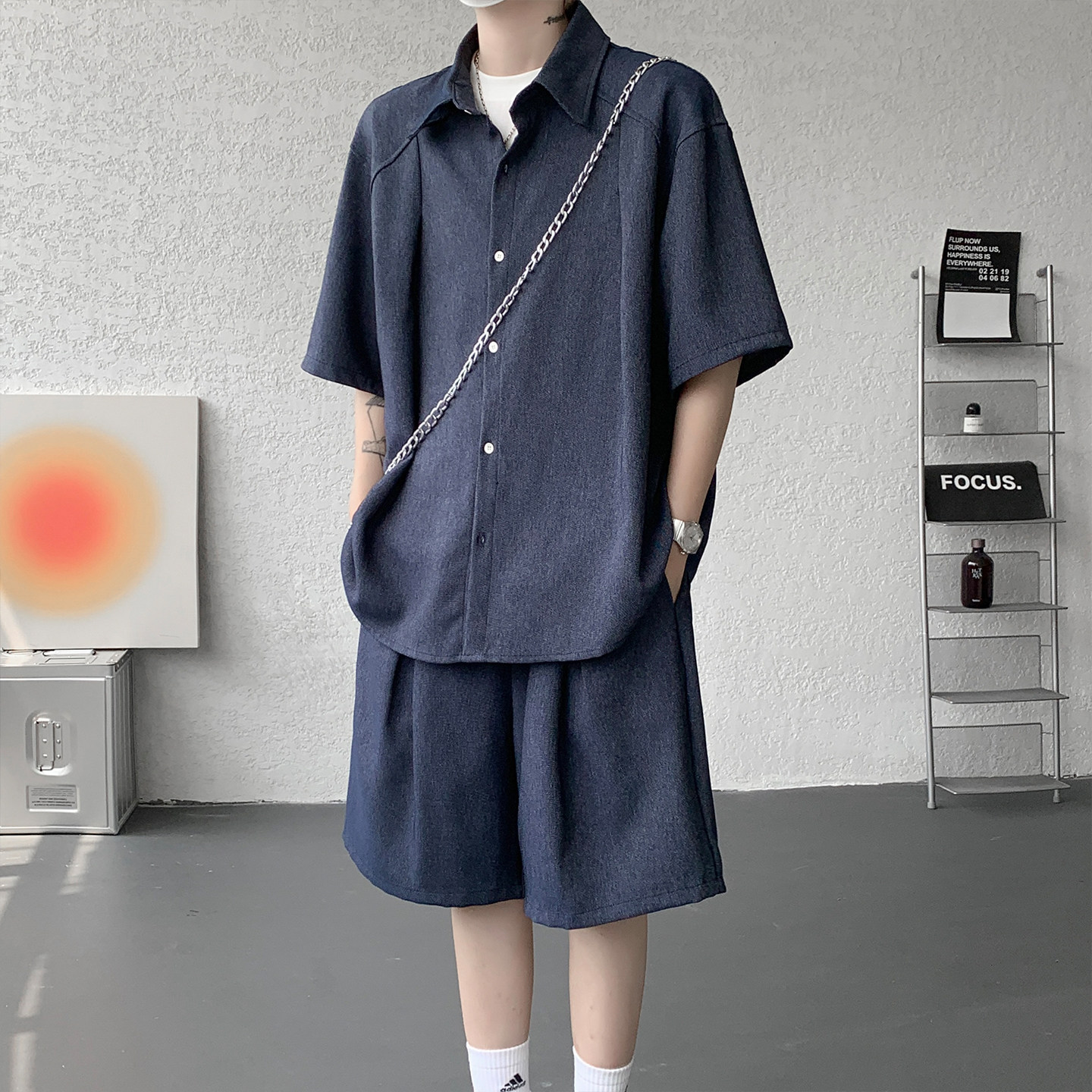 冰丝短袖牛仔衬衫套装男