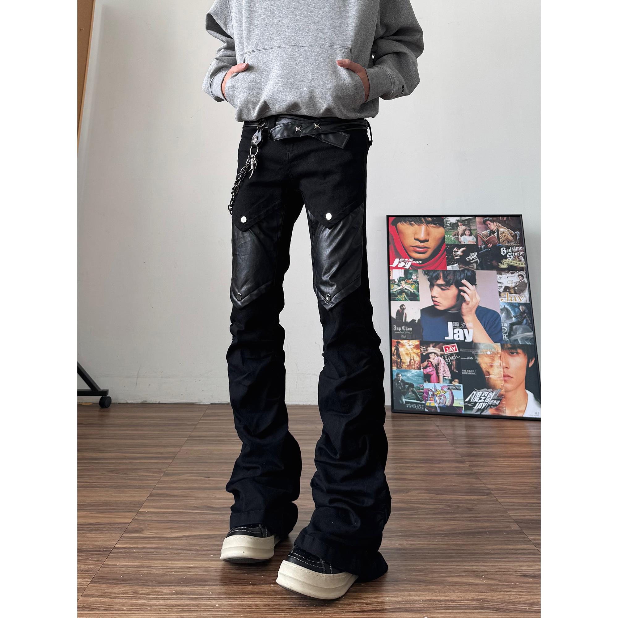 qtstudio视觉系黑色微喇皮裤男ro亚比工装裤美式高街长裤vibe裤子