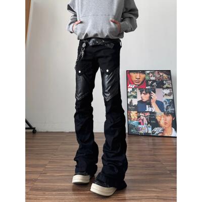 qtstudio视觉系黑色微喇皮裤男ro亚比工装裤美式高街长裤vibe裤子