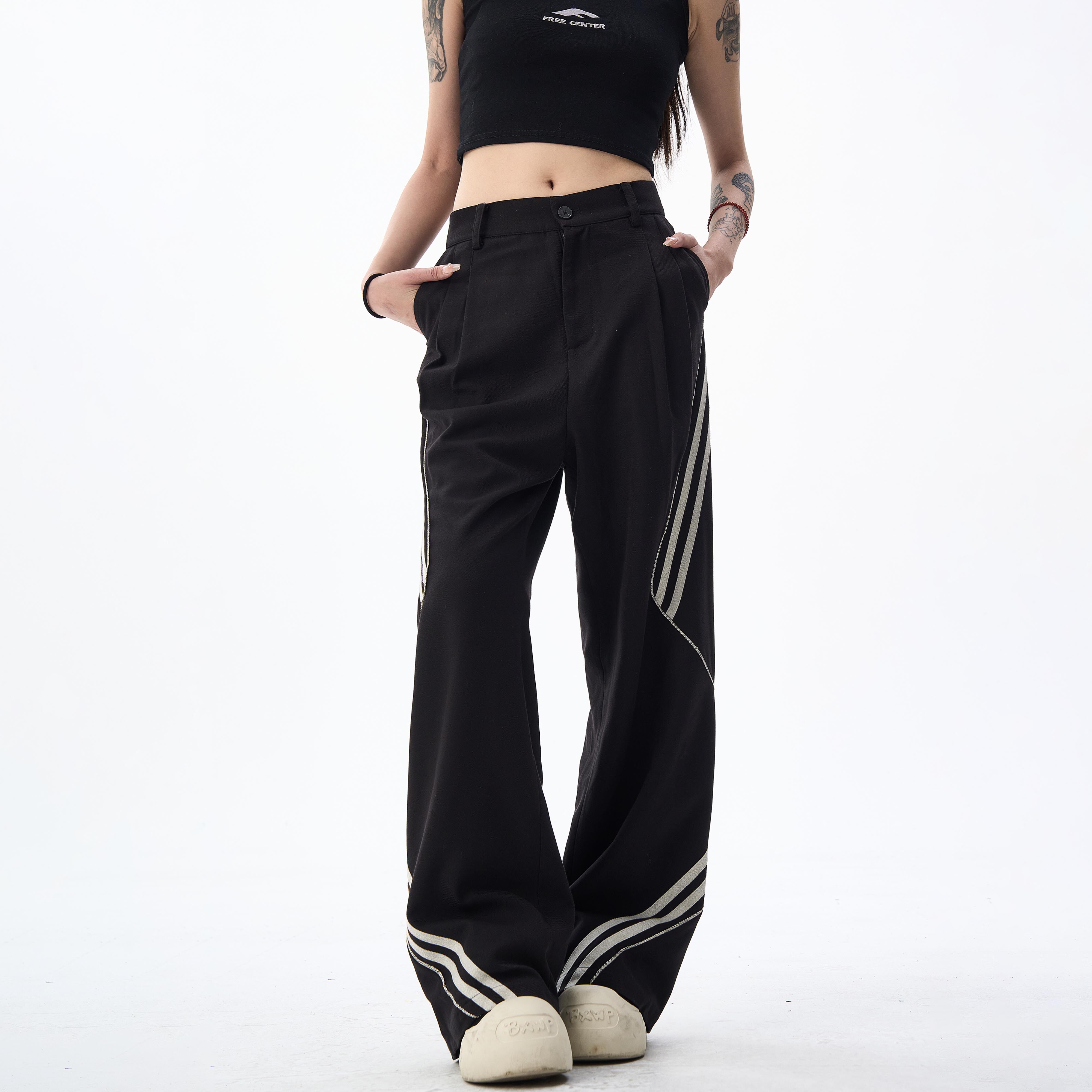 MAX ME美式复古条纹休闲西裤男女宽松直筒阔腿拖地长裤子潮牌