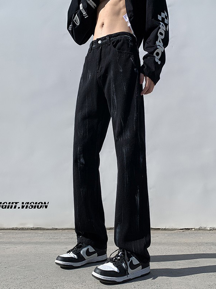 纯黑色泼墨扎染牛仔裤男款美式时尚vibe高街裤子潮牌宽松直筒长裤