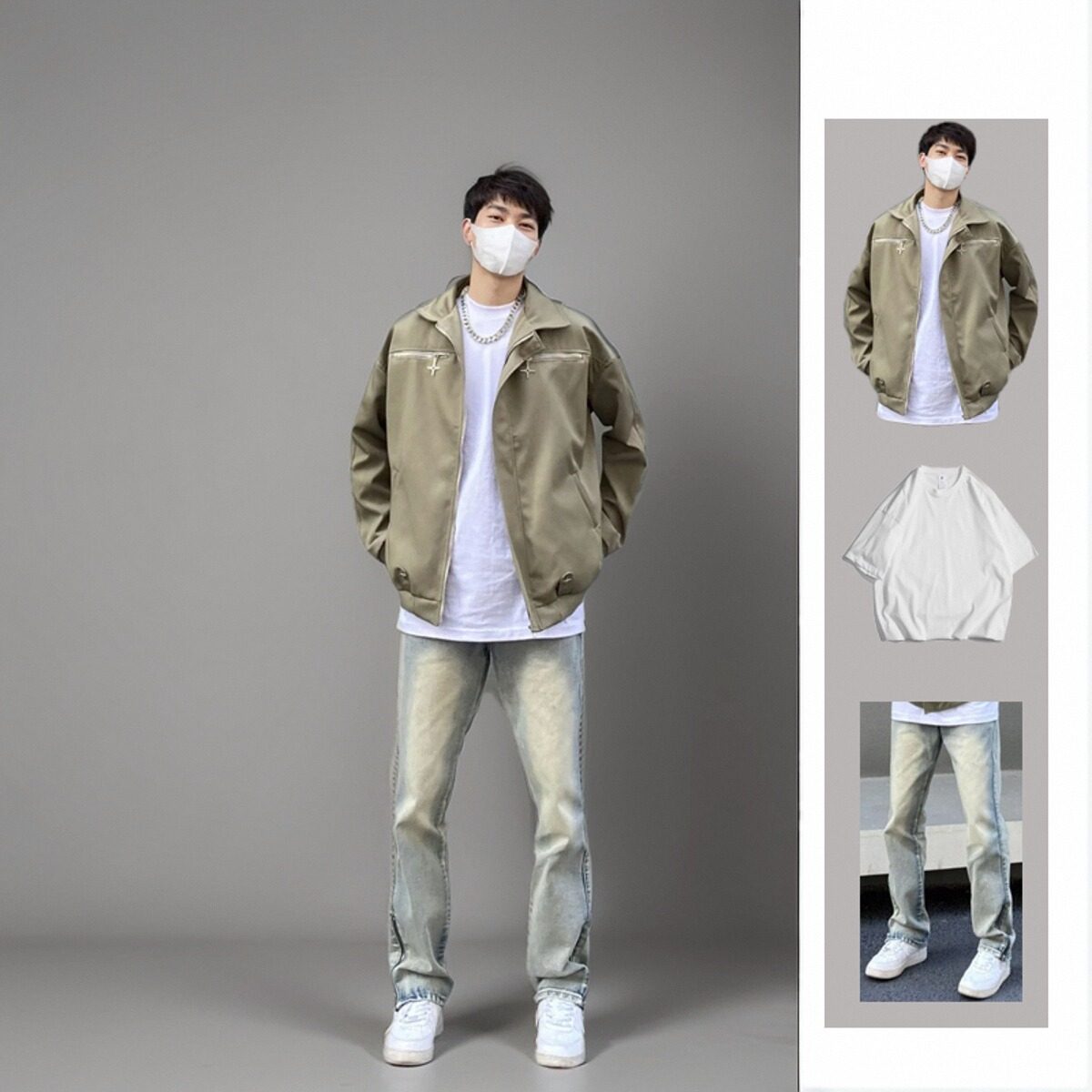 美式设计感工装外套男春秋季痞帅夹克ifashion翻领棒球服一套搭配