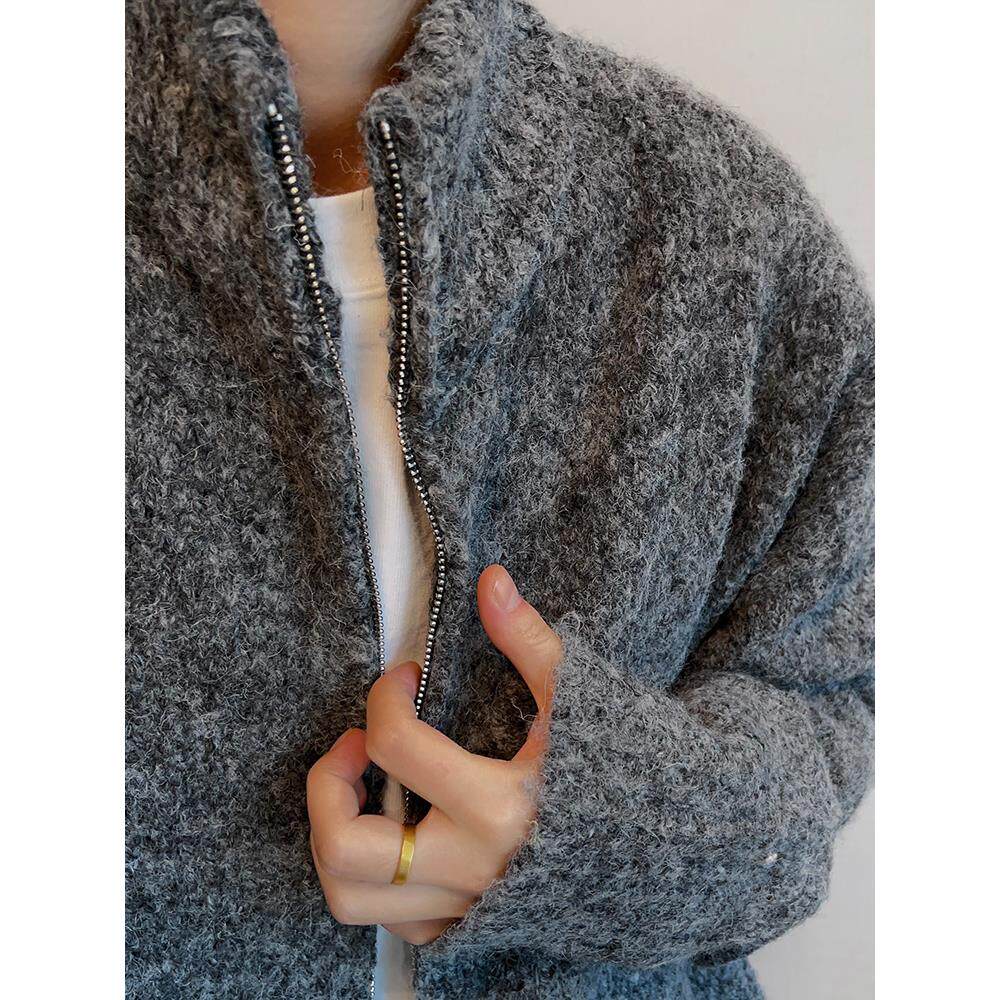 dannyandzee秋冬复古百搭耐脏慵懒风宽松深灰色拉链毛衣外套男INS