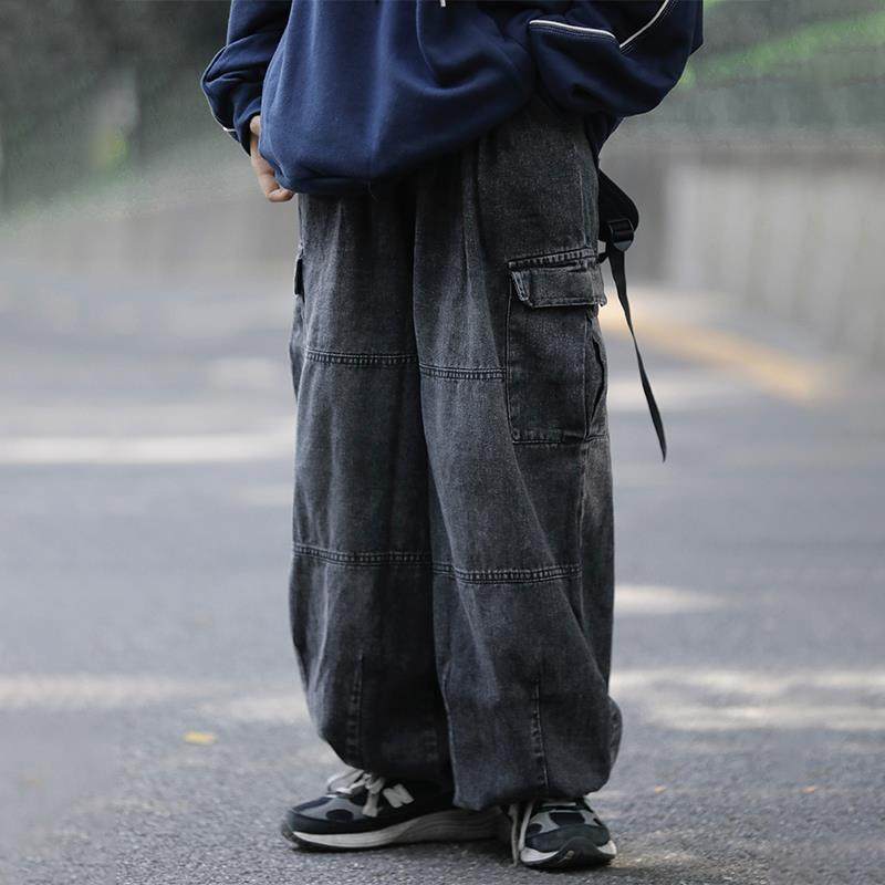 阿于呆日系复古水洗做旧直筒牛仔裤男潮牌宽松阔腿工装休闲长裤女