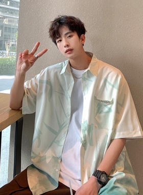 加厚凉感衬衣男士秋季潮牌设计感时尚渐变水墨画百搭情侣宽松衬衫