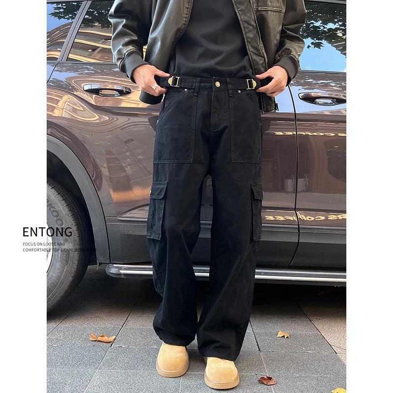 Entong美式復(fù)古工裝牛仔褲男日系街頭多口袋百搭寬松直筒休閑長褲