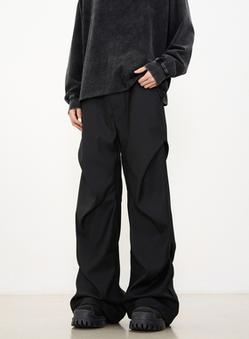 KISKO美式小众褶皱拖地微喇休闲裤高级感宽松直筒垂感黑色西裤男