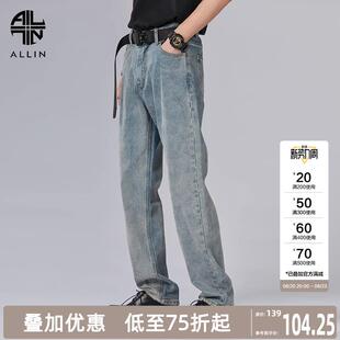 ALLIN 美式高街复古蓝牛仔裤男潮牌潮流水洗垂感直筒宽松阔腿裤子