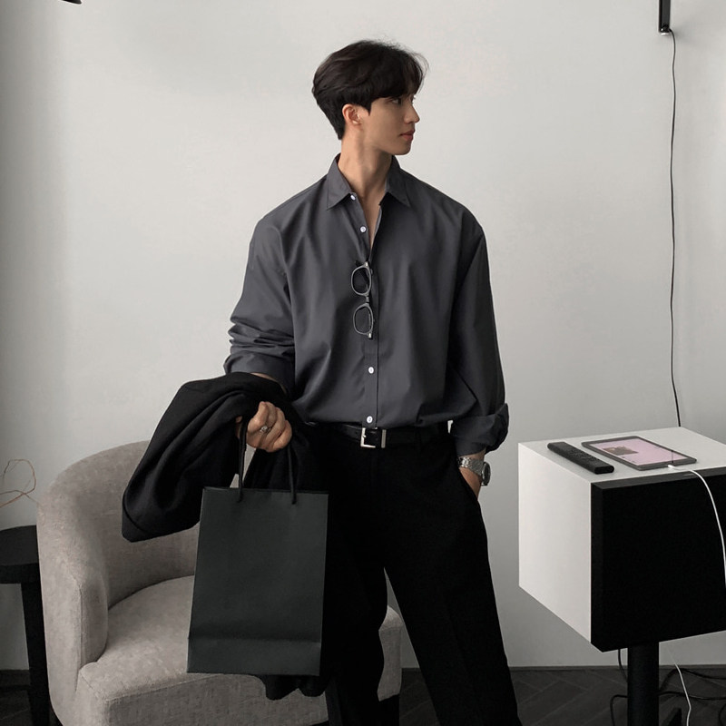 西装衬衫男秋冬季纯色免烫宽松成熟高级感外套商务ins黑灰色衬衣