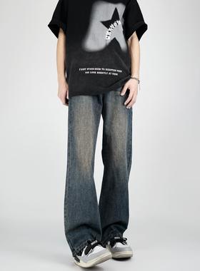 小柯XCOK美式高街复古蓝色牛仔裤男秋季水洗做旧宽松直筒微喇长裤