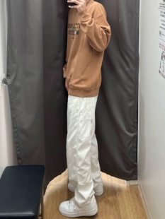 Unitise日系工装裤白色牛仔裤宽松直筒滑板休闲长裤子男工装裤