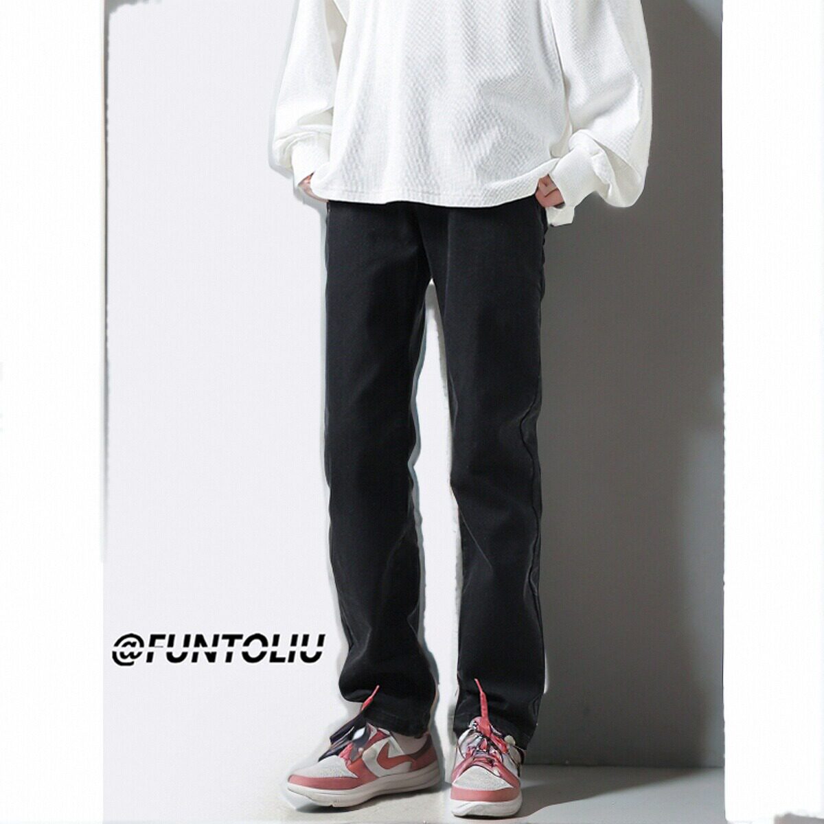 男士牛仔裤秋季薄款美式高街直筒修身小脚黑色休闲长裤子微喇破洞