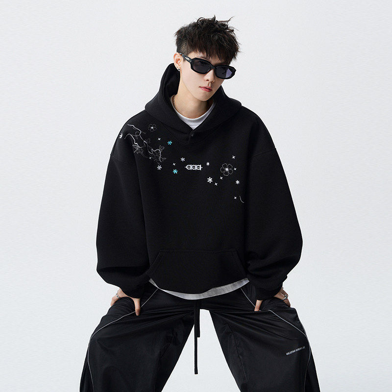 XWWF早秋刺绣花卉连帽卫衣男