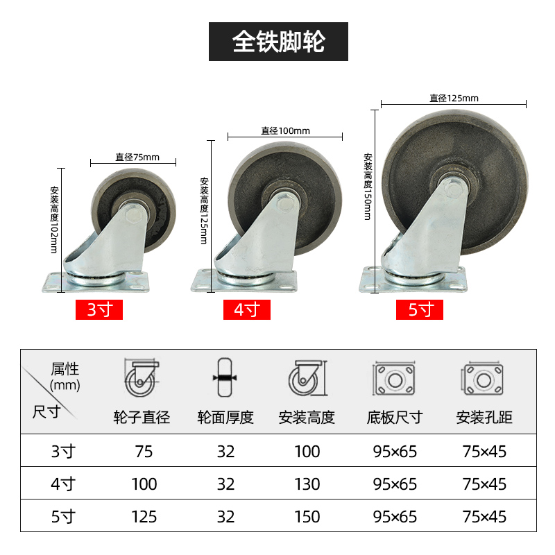 铸铁轴承5寸耐高温万向轮双4寸3轮子带寸铁重型脚轮全烘烤箱刹车