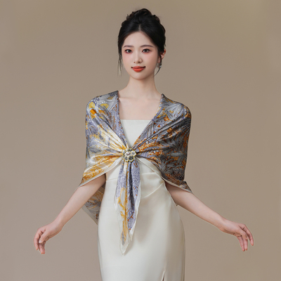 印花披肩丝巾礼物大方巾真丝围巾桑蚕丝女士手工刺绣丝巾扣送妈妈