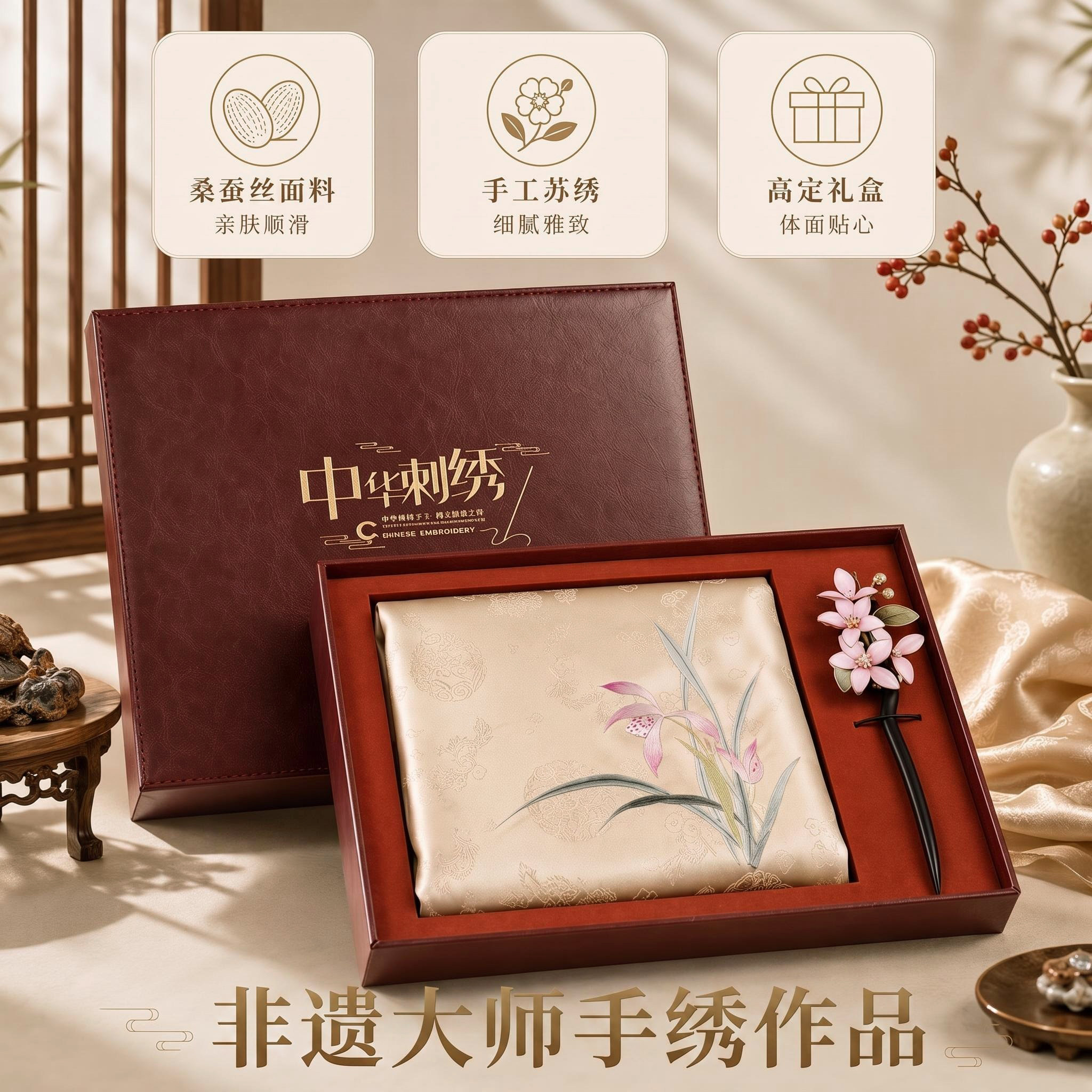 筛月手工苏绣非遗桑蚕丝妈妈真丝花罗长款围巾披肩双面绣丝巾礼品
