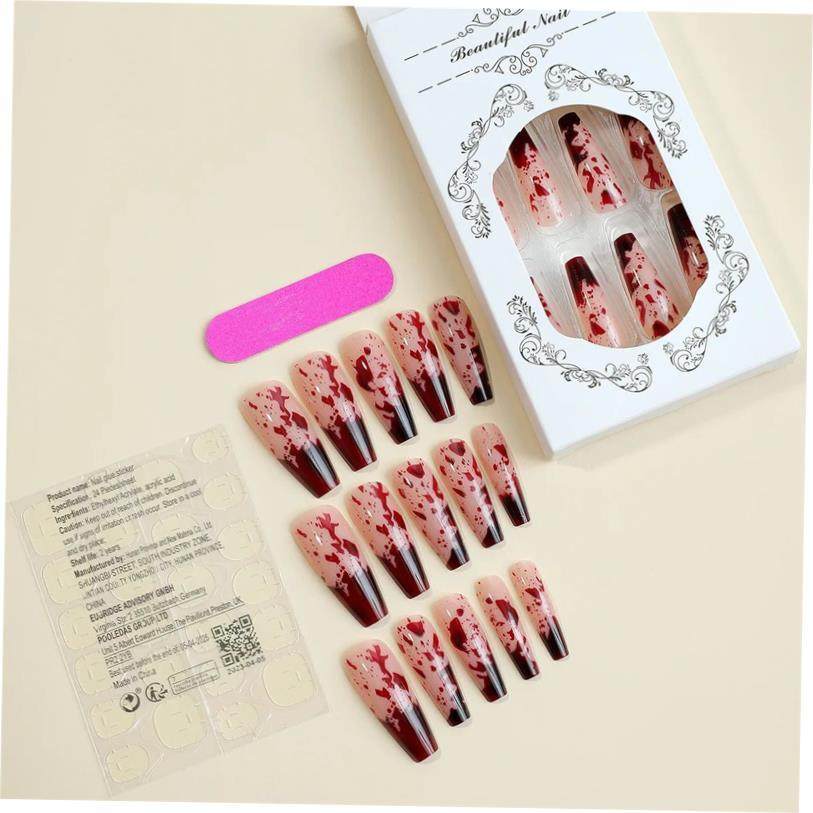 24pcs Long Coffin Shaped False Nails With Bloodstain Design