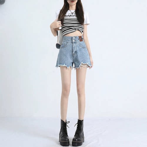 破洞毛边牛仔短裤女2026夏季新款大码设计感高腰显瘦a字阔腿热裤