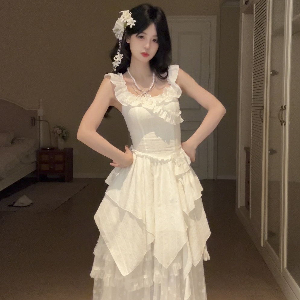 栗子团少女月光白玫夏日法式温柔风小飞袖不规则上衣波点网纱半裙