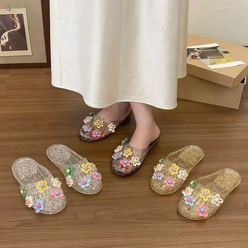 水晶鞋凉鞋女平底透明半拖外穿鞋花果冻鞋软底凉拖鞋包头外穿女鞋