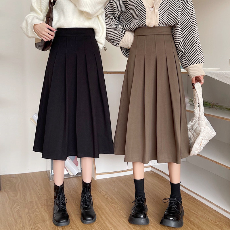 大码毛呢a字半身裙女冬胖m宽松加厚学院风高腰显瘦中长款百褶裙子