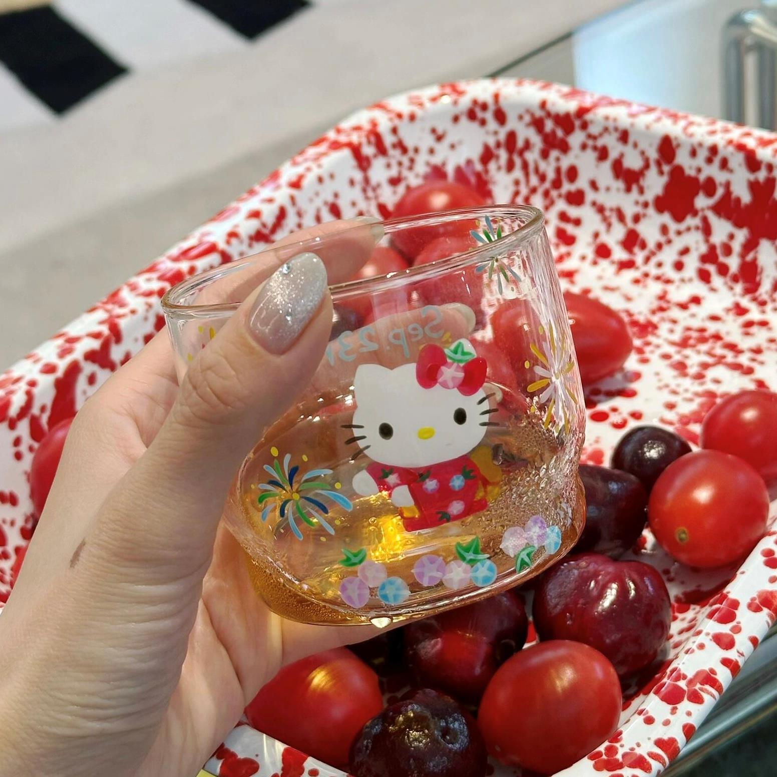 中古hellokitty玻璃杯昭和时期烟花印花水杯咖啡杯果汁杯可爱杯子