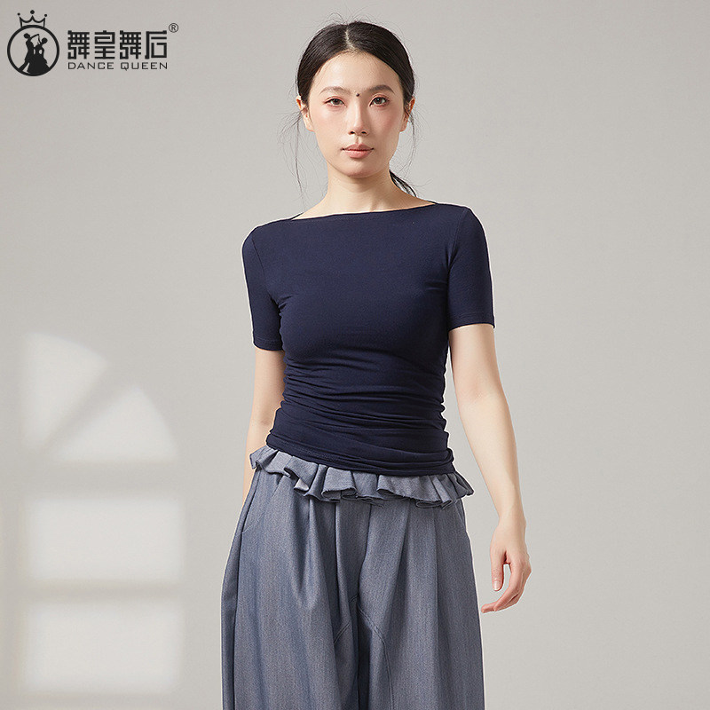 新款舞蹈服上衣现代舞练功服装成人古典舞短袖一字领艺考形体服