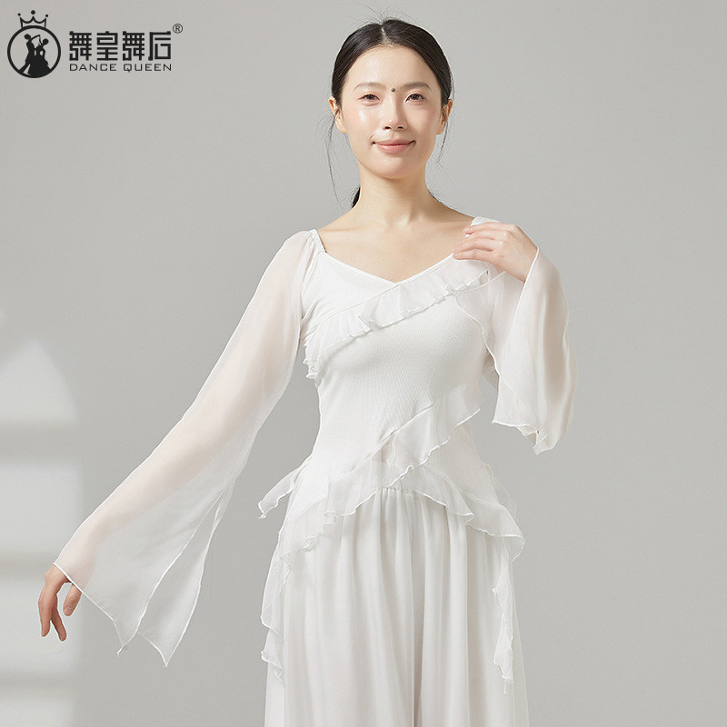 春夏古典舞蹈服仙气飘逸荷叶边纱衣中国舞现代舞形体练功服上衣