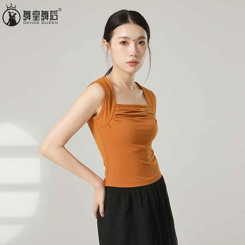 古典舞服褶皱方领背心无袖上衣