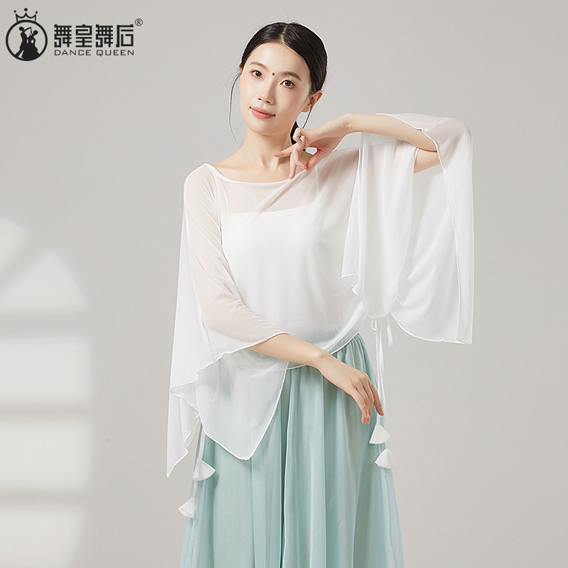 古典舞飘逸宽松抽绳网纱罩衫上衣