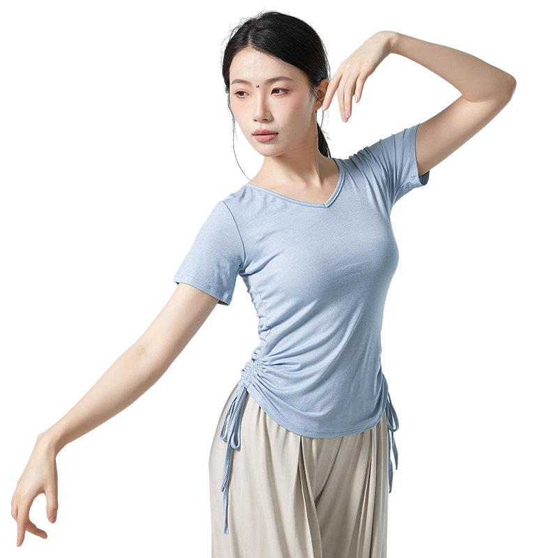 成人舞蹈练功服上衣夏季短袖t恤侧边系带现代舞服女瑜伽形体训练