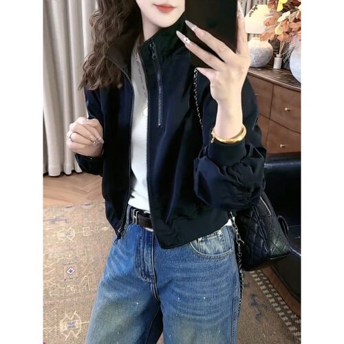 春季新款立领褶皱袖女夹克