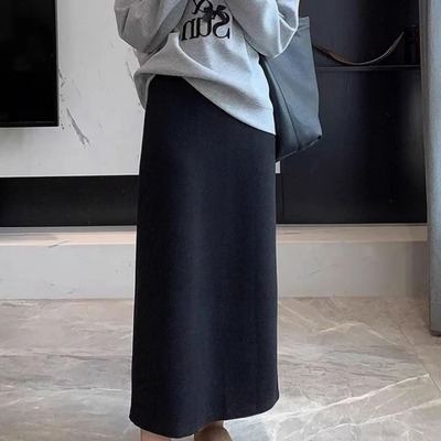 秋季黑色后开叉毛呢高腰半身裙