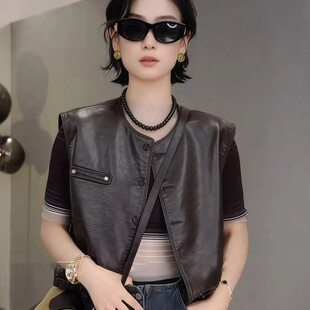 棕色皮衣外套休闲马夹坎肩无袖 新款 背心 2025秋装 复古皮马甲女短款
