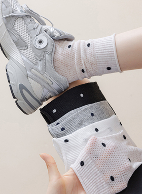 灰色堆堆袜子女夏季薄款纯棉中筒袜波点网眼透气白色夏天芭蕾长袜