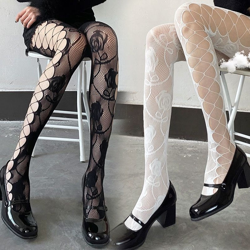 渔网袜女黑色侧面复古玫瑰性感花纹丝袜镂空连裤袜黑丝纯欲风春秋