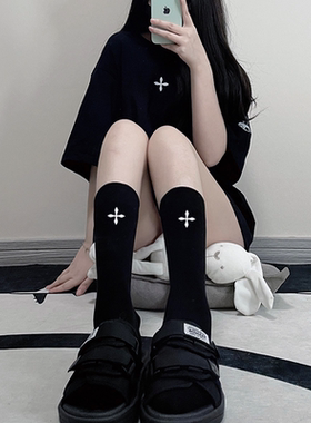 及膝袜女潮黑色薄款春夏季丝袜中筒袜子十字花小腿袜夹日系高筒袜