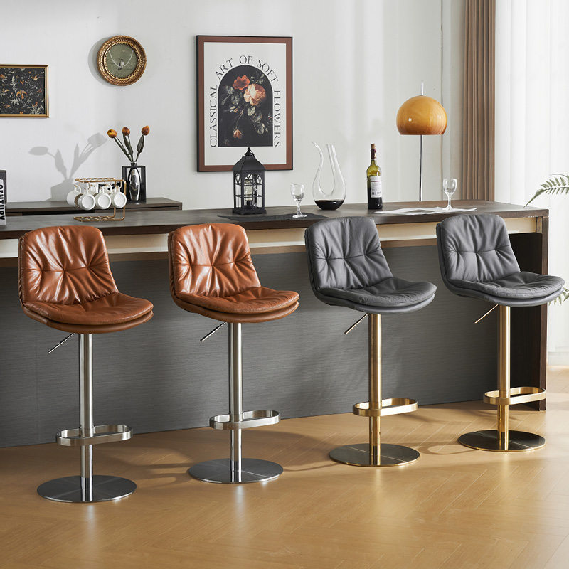 现代简约牛皮轻奢家用旋转升降吧台椅子不锈钢靠背岛台吧凳高脚凳