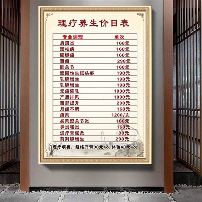 wu养生馆价目表定制美容院项目价格表设计制作中医养生理疗价目表