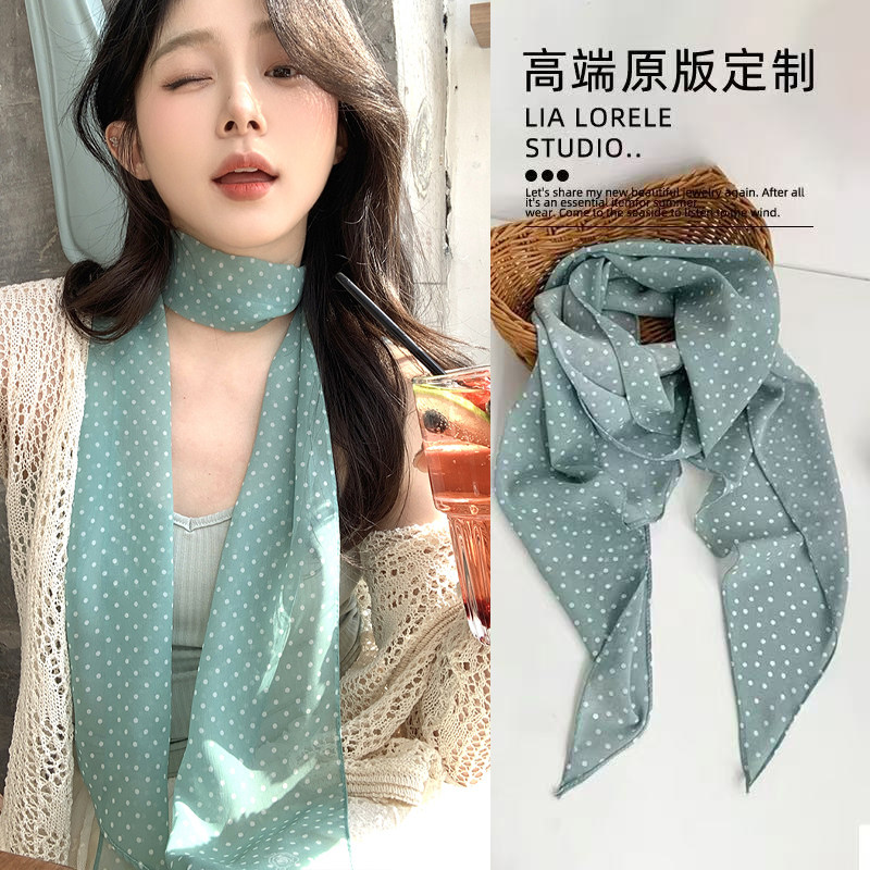 春夏薄荷绿波点长条丝巾女新款高级感气质飘带系脖颈饰头巾配饰品