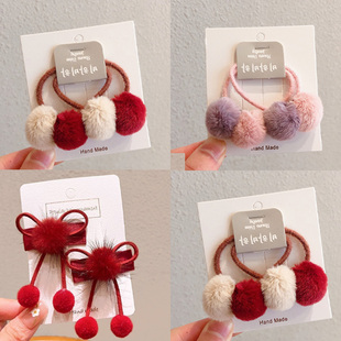 新年毛球发圈儿童皮筋女童发绳头花新款宝宝头绳发饰公主发夹头饰