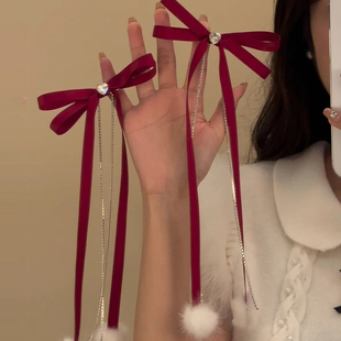 甜美蝴蝶结发夹女毛绒流苏飘带鸭嘴夹秋冬红色新年发饰发卡边夹子