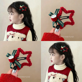 儿童新年红色毛绒星星发夹bb夹新款女童可爱侧边夹宝宝发卡子发饰