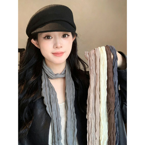 复古文艺褶皱长条丝巾女