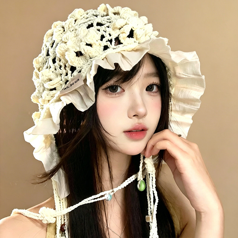 串珠流苏蕾丝边镂空花朵针织帽女夏民族风旅游拍照显脸小包头帽子
