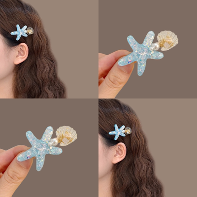 蓝色海星贝壳珍珠发夹女